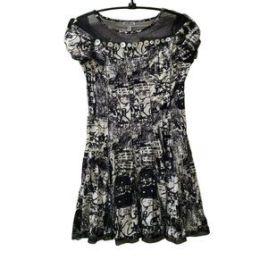 Linea Domani Black & White Dress, Sz S, ROCK Graffiti Print Mesh & Button detail